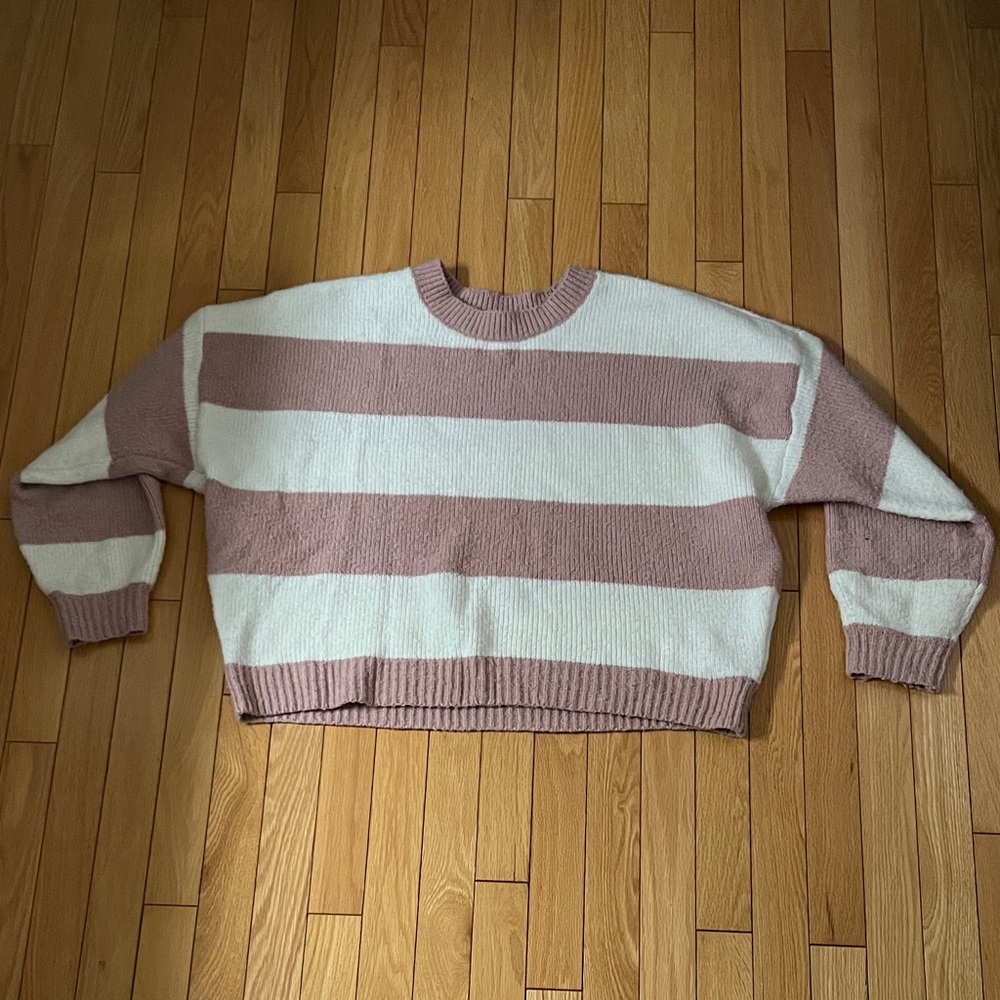 Hollister Pink and Cream Striped Crewneck Sweater